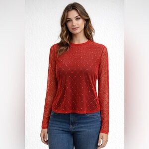 NWT Red Mesh long sleeve top with rhinestone details